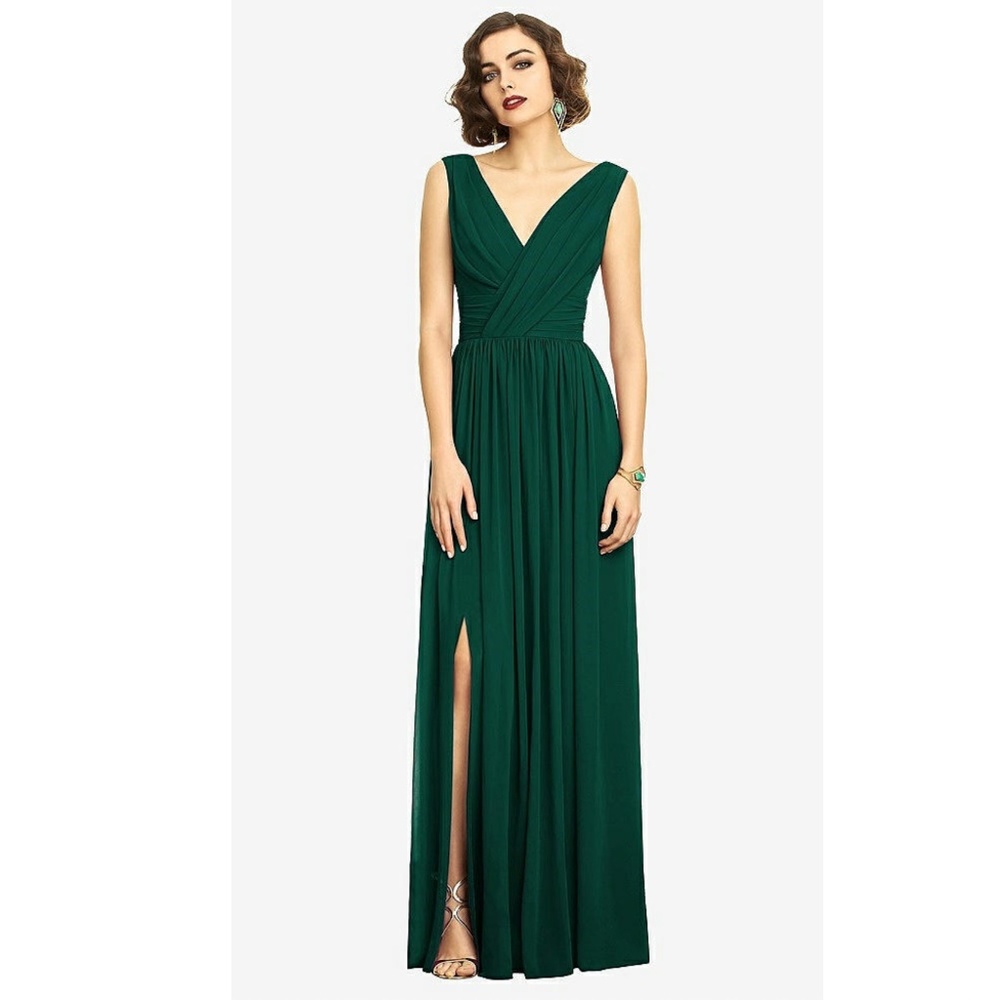 Dessy Collection: SLEEVELESS DRAPED CHIFFON MAXI DRESS WITH FRONT SLIT (NWT)